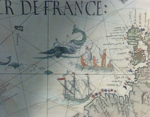 Faksimile af hvalfangst og Isle of Saint Brandon, detaljer fra et portolankort af Pierre Desceliers, 1546, udgivet i Monuments de la Geographie af Edme Francois Jomard (1777-1862)