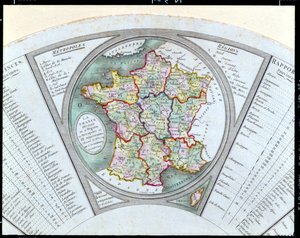 Fan, der viser kortet over Frankrig som opdelt i 9 regioner, 10 metropoler og 83 departementer, 1790