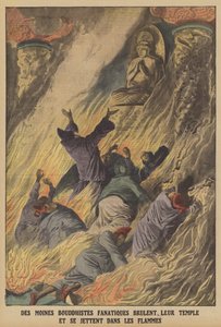 Fanatiske buddhistiske munke brænder deres tempel og kaster sig ind i flammerne på øen Formosa (farve litho) af French School