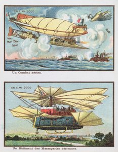Fantasiskildringer af et luftslag og af et fly til godstransport i år 2000, ca. 1910 af French School
