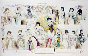 Modeplade til La Vie Parisienne forestillende korsetter, ca. 1870 (farvegravering) af French School