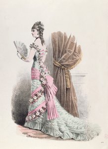 Modetallerken af en kvinde i aftenkjole og med vifte, 1877 (farvegravering) af French School