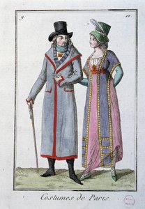 Mode under Directoire: et par elegante parisere. Anonym litografi af 1795. Paris, kostumemuseum af French School