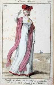 Mode under Directoire: elegant ung kvinde iført parisisk jakkesæt: cocarde i lagner på engelsk hat, kjole rynket pande med koblentz. Anonym gravering. 1797 Paris, Musee du costume af French School