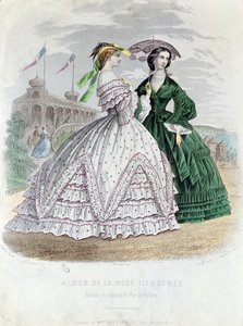 Moderigtige parisiske damer ved havet, 1861 (farvegravering) af French School
