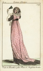 Moderigtig kvinde i blondeslør, damask muslinkjole af French School