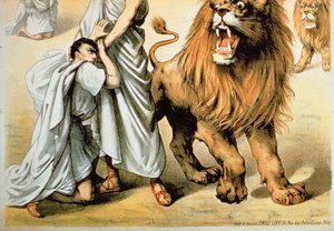 Fodret til løverne (farvelitografi) af French School