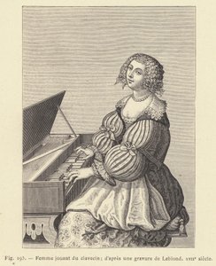Kvinde, der spiller cembalo, efter en gravering af Leblond, 1600-tallet (gravering) af French School