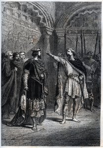 Feodalt regime: "Hvem gjorde dig til konge? “” : Audebert (Adalbert), greve af Perigord (968-995), svarer uforskammet til kong Hugues Capet (938-996), der spurgte ham, hvem der fik ham til at tælle - Gravering af dæk af “Histoire de France” af Guizot af French School