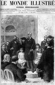 Ferdinand de Lesseps er omgivet af sin familie og rejsekammerater og fortæller om sin tur til Panama i Salle de la Sorbonne. Cover af "Illustrous World" fra 1880. af French School