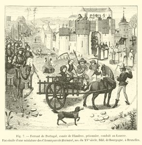 Ferrant af Portugal, greve af Flandern, fange, ført til Louvre, Faksimile af en miniature fra Chroniques de Hainaut, ms fra det 15. århundrede, Bibl de Bourgogne, i Bruxelles af French School