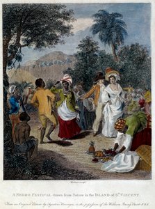 Fete negre på øen Saint Vincent (Centralamerika, Antiller). Indgravering af det 19. århundrede. Chartres, Museum of Fine Arts af French School