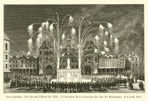 Feuerwerk, abgefeuert vor dem Hotel de Ville, anlässlich der Geburt des Herzogs von Burgund, am 8. August 1682 von French School