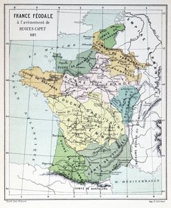 Feudal Frankrig på tidspunktet for tiltrædelsen af Hugues Capet i 987, kort illustreret i en Histoire de France c.1880
