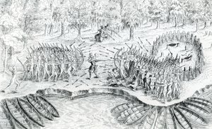 Fighting of Hurons, fra Voyage de Champlain i 1624 af Samuel de Champlain, 1567-1635 af French School