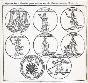 Figurer af de 7 planeter, der skal graveres på Talismanerne fra Aracelse af French School