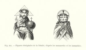 Trehovedede figurer af treenigheden, fra manuskripter og inkunabler (gravering) af French School