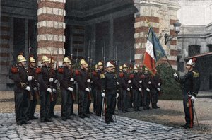 Brandmænd i Paris. Hilsen til flaget. i ""Militær albumscene af soldatens liv, brandmænd i Paris"" 1892. af French School