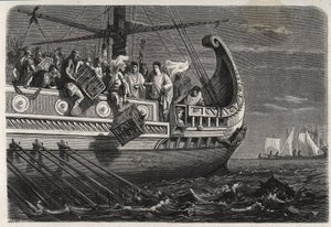 Første puniske krig - Publius Claudius Appius Pulcher (død omkring 240 f.Kr.) før slaget ved Drepanum (249 f.Kr.) får hellige kyllinger til at kaste i havet - Første puniske krig - Slaget ved Drepana - Publius Claudius Appius Pulcher før slaget ved Drepanu af French School