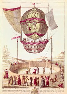 Første flyvning med en varmluftballon, 22. december 1783 i Defsessebruk (Wales) (litografi) af French School