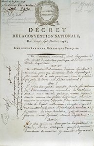 Første side af hemmeligheden bag den nationale konvent af 27/07/1793 om oprettelse af Palais du Louvre som museum af French School