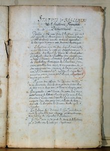 Første side af vedtægterne for det franske akademi, 1635 (blæk på papir) (se også 179947) af French School