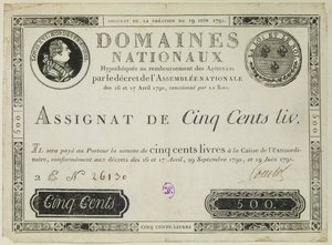 Fem hundrede livres seddel, 19. juni 1791 af French School