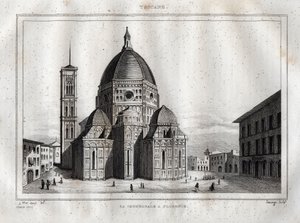 Firenze katedral - Udsigt over katedralen i Firenze (Duomo Santa Maria del Fiore). Kuppelen blev lavet af Filippo Brunelleschi omkring 1420-1436, Firenze, Italien - Indgravering fra "" Italy Picturesque"" - Historical and Descriptive Table of Italy" af M.  af French School