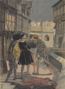 Den florentinske guldsmed og billedhugger Benvenuto Cellini omringet og truet af en gruppe mænd (farvelitografi) af French School