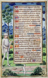 Fol.50v Side med tekst med en kantdetalje af en musiker, der laver sin hund til at danse, fra 