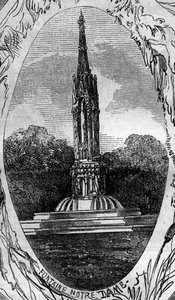Fountain of Paris: udsigt over jomfrufontænen (Notre Dame-fontænen) (cirka 1845). Indgravering i "" Le Monde Illustré"" nr. 254 af 22. februar af French School