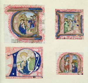 Fire historiske initialer, der viser tilbedelsen af vismændene, krybben, David og Batseba og Kristus i haven af French School