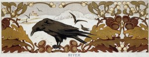 Fire årstider, vinter: ravn på en eg - kromolitografi, slutningen af 1800-tallet af French School