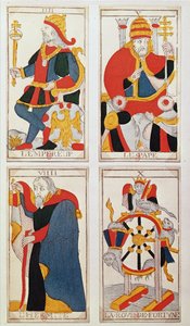 Fire tarotkort, der forestiller kejseren, paven, eremitten og lykkehjulet (farvet trægravering) af French School