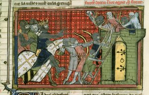 Fr 22495 f.36r Angreb på en by, fra Le Roman de Godefroi de Bouillon af French School