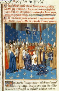 Fr 6465 f.247v Kroning af Ludvig VIII (1187-1226) og Blanche de Castilla i Reims i nærværelse af kongen af Jerusalem af French School