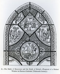 Fragment af et farvet glasvindue i Chartres-katedralen, der forestiller slaget ved Roncevaux og Rolands død, illustration fra videnskab og litteratur i middelalderen og renæssancen, forfatter