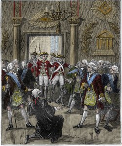 Franc-Maconnerie (Franc Maconnerie) på Hotel de Soisson i Paris i juni 1745: Franco-macon ceremoni afbrudt af ankomsten af ​​en politikommissær. Gravering i "" Paris gennem århundrederne "", Gourdon de Kenouillac 1880.. af French School