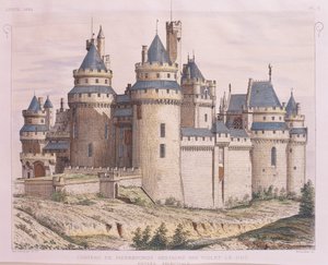 Frankrig, Pierrefonds middelalderborg, restaureret af Violet le Duc fra Moniteur des Architectes, gravering af French School