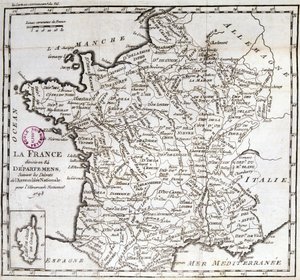 Frankrig opdelt i 84 departementer efter dekreterne fra nationalforsamlingen af 1793 af French School