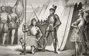 Francois I (1494-1547) slået til ridder af kaptajn Bayard efter slaget ved Marignano, fra 
