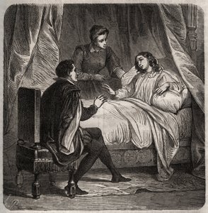 Francoise de Foix, grevinde af Chateaubriant (ca. 1495-1537), syg, modtager Clement des Marets dit Marot (1496-1544), kammertjeneren for Francois 1., i seng. Indgravering fra 1871 i "Histoire Des Cocus Celebres"" af Henry de Kock (1819-1892). af French School