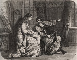 Fredegonde (545-597) betror harpespilleren Barbantini sine bekymringer, fordi hans elsker Chilperic (dengang kongen af francs Chilperic I (543-597), ikke giftede sig med ham. 565. Indgravering fra 1871 i "Histoire Des Cocuses Celebres" af Henry de Kock (18 af French School