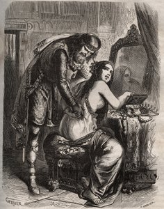 Fredegonde (545-597) tager sin mand, Kongen af Francs Chilperic I (543-597), til sin elsker, Landeric. Kongen opdager, da hans kone er ham utro. Indgravering fra 1871 i "Histoire Des Cocuses Celebres"" af Henry de Kock (1819-1892). af French School