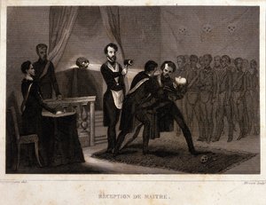 Frimageri: modtagelse og indvielsesritual for mesteren. Stik fra "Picturesque Histoire de la Franc Maconnerie et des Societes Secretes antique et modernes" af F.-T. B. Clavel. Pagnerre, redaktør. 1843. af French School