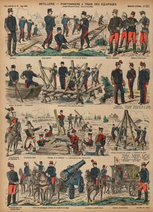 Fransk hærs artilleri bygger pontonbroer (farvet indgravering) af French School