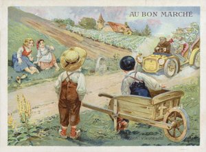 Franske børn, der ser på en hurtig kørende bil af French School