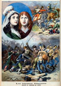 Fransk revolution - De franske heltinder: søstrene Felicite (1770-1841) og Theophile (1875-1819) af Fernig, der kæmpede udklædt som en mand mod østrigerne for at se deres far i 1792 - illustration fra "Le Petit Journal" af 7. august 1894 af French School