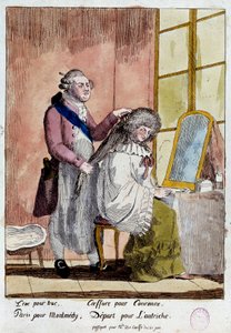 Den franske revolution: Tegneserie om den kongelige families flugt til Varenne den 20. og 21. juni 1791: Kong Ludvig XVI, der styler dronning Marie Antoinette, skulle rejse med et falsk pas som guvernante for baronessen af Korffs børn. Anonym farve af French School
