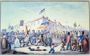 Fransk revolution: “” dannede maskerade af folk kjoler i præstestøj ””. Anonym akvarel. 1793. Paris, Library of L
